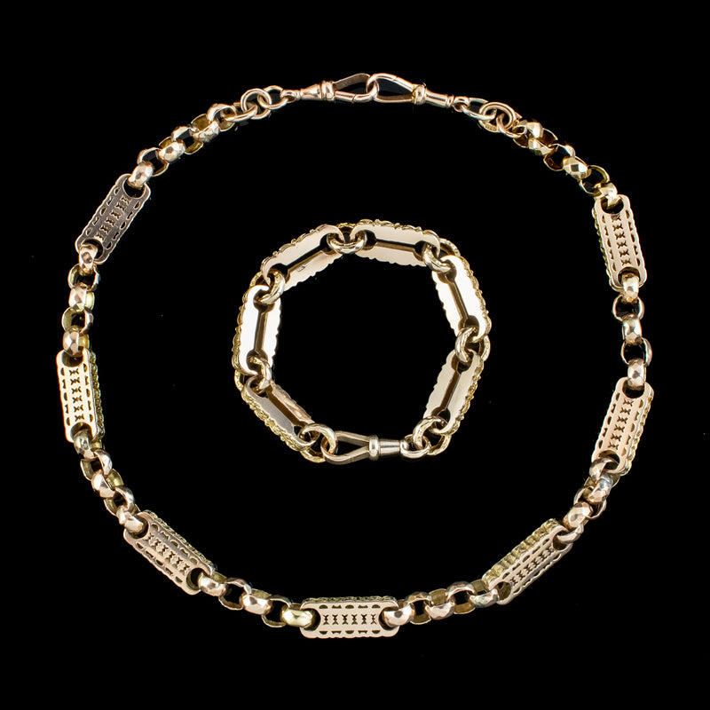 Antique Victorian 9ct Gold Albert Chain Necklace And Bracelet Set