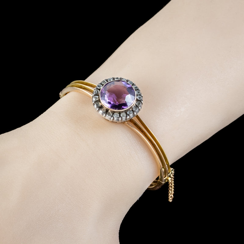  Antique Victorian Amethyst Diamond Bangle 15ct Gold Circa 1880