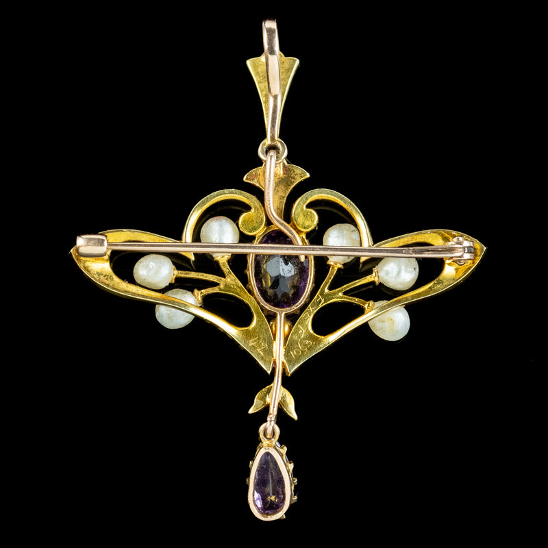 Antique Victorian Amethyst Pearl Pendant Brooch 18ct Gold