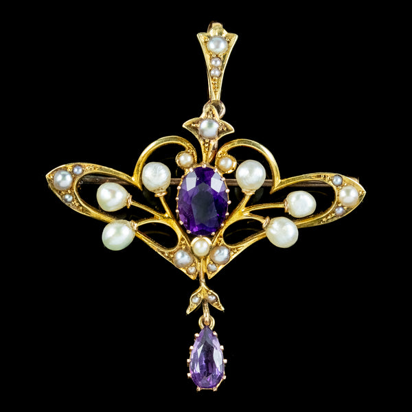Antique Victorian Amethyst Pearl Pendant Brooch 18ct Gold