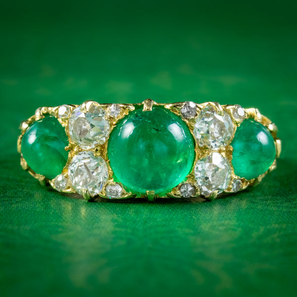 Antique Victorian Cabochon Emerald Diamond Ring 2.7ct Of Emerald 
