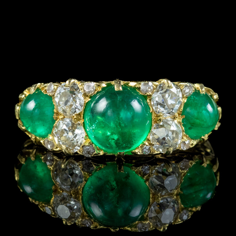 Antique Victorian Cabochon Emerald Diamond Ring 2.7ct Of Emerald 