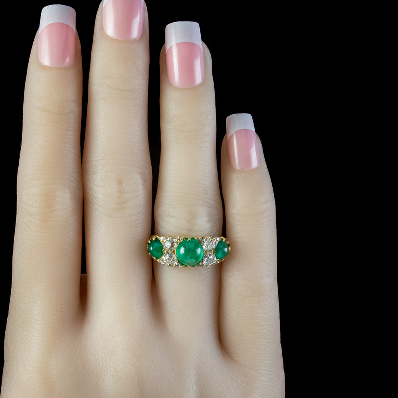 Antique Victorian Cabochon Emerald Diamond Ring 2.7ct Of Emerald 
