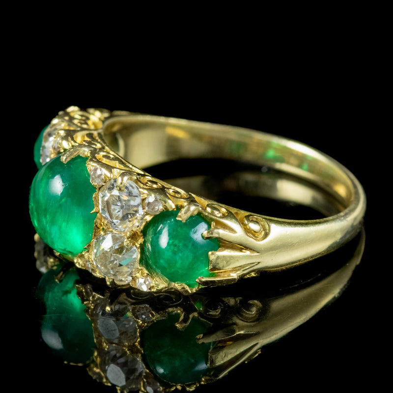 Antique Victorian Cabochon Emerald Diamond Ring 2.7ct Of Emerald 
