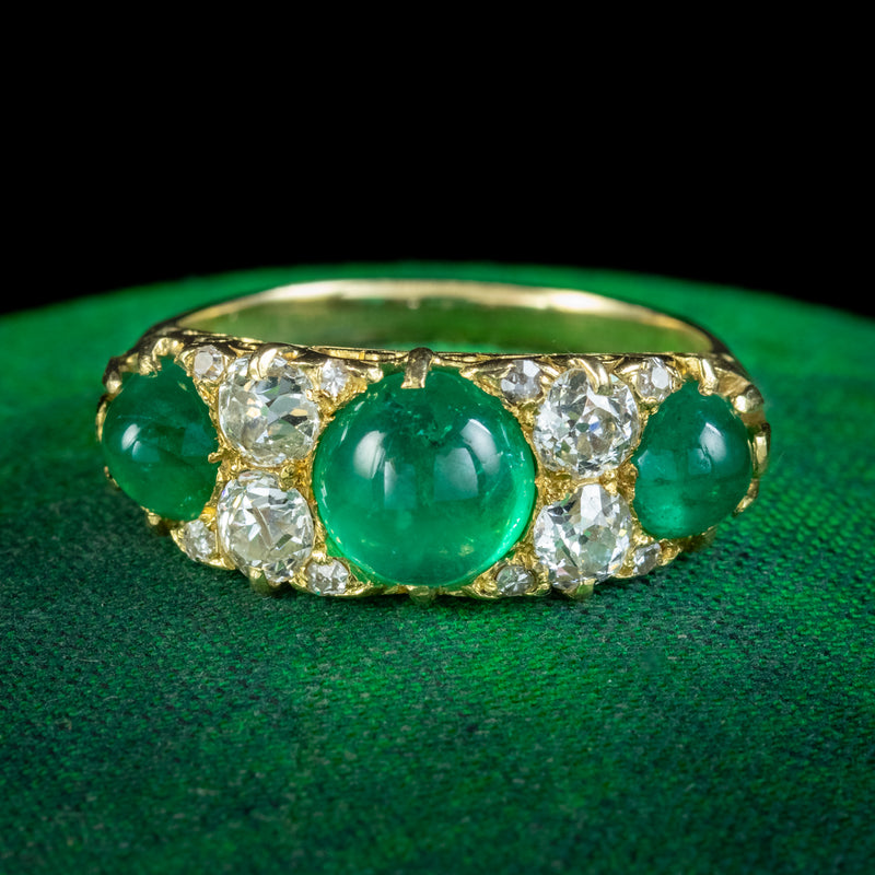 Antique Victorian Cabochon Emerald Diamond Ring 2.7ct Of Emerald 