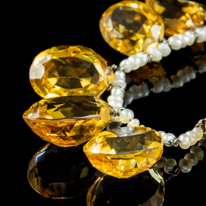 Antique Victorian Citrine Pearl Garland Necklace Circa 1900