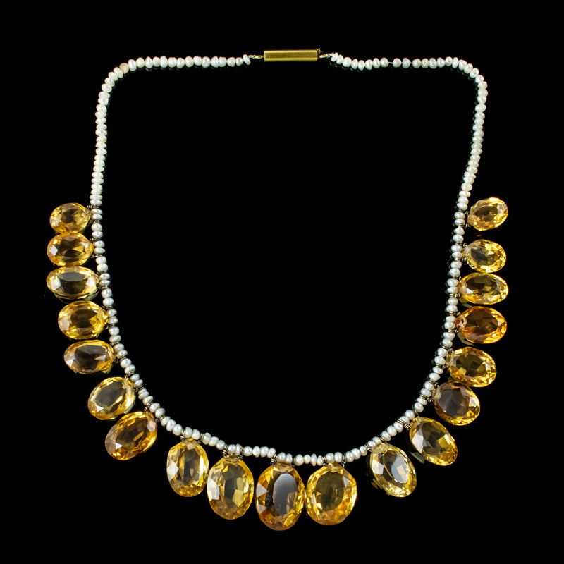 Antique Victorian Citrine Pearl Garland Necklace Circa 1900