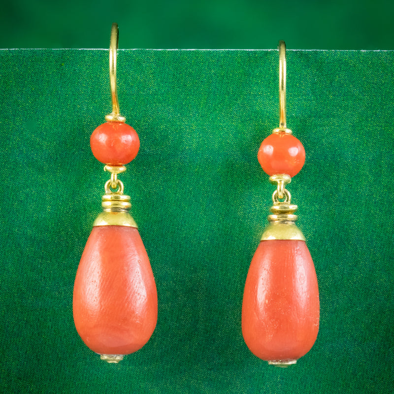 Antique Victorian Coral Bomber Earrings 18ct Gold
