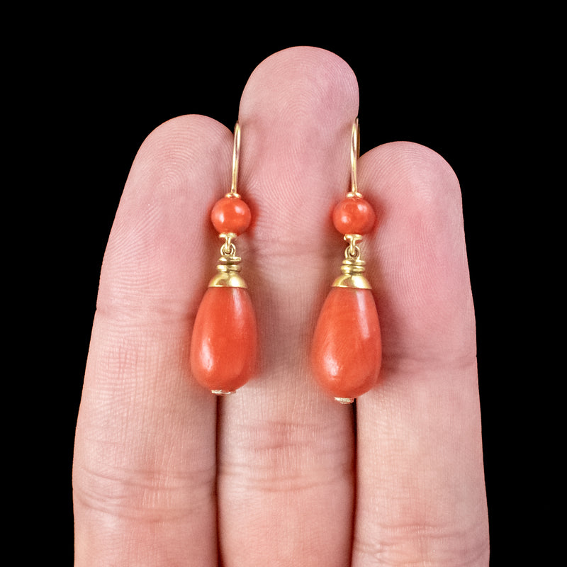 Antique Coral and 14K Gold Day and Night Dangle Earrings - Ruby Lane