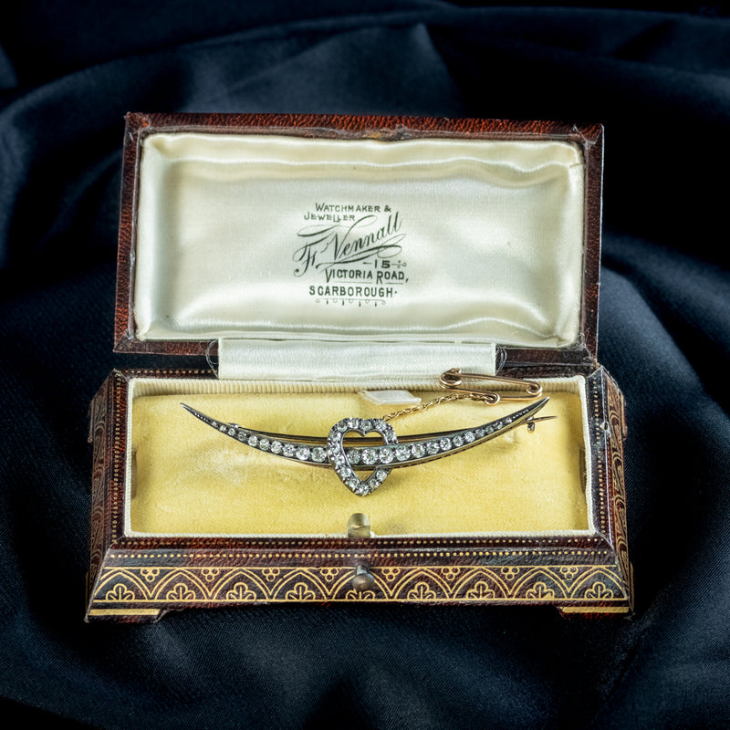 Antique Victorian Diamond Crescent Heart Brooch 2.5ct Of Diamond With Box