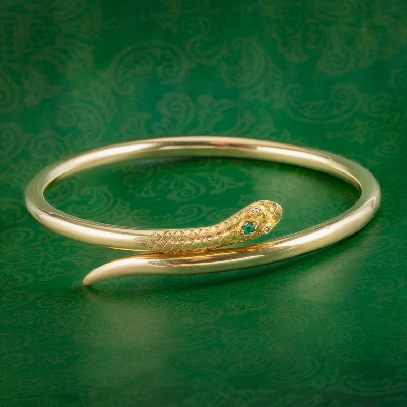 Antique Victorian Diamond Emerald Snake Slave Bangle 15ct Gold