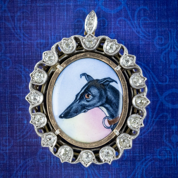 ANTIQUE VICTORIAN DIAMOND GREYHOUND LOCKET PENDANT SILVER CIRCA 1870