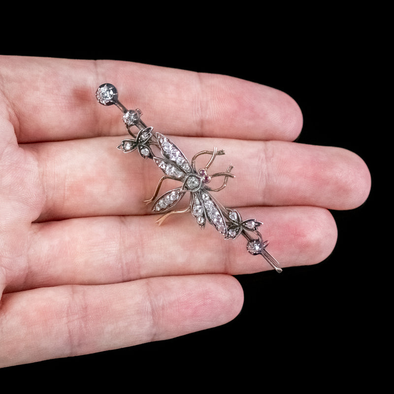 Antique Victorian Diamond Insect Brooch Silver 18ct Gold Circa 1900