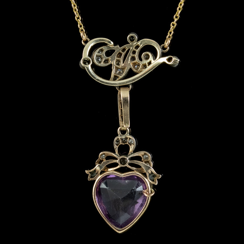 Antique Victorian Diamond Pearl Amethyst Heart Pendant Necklace Circa 1900