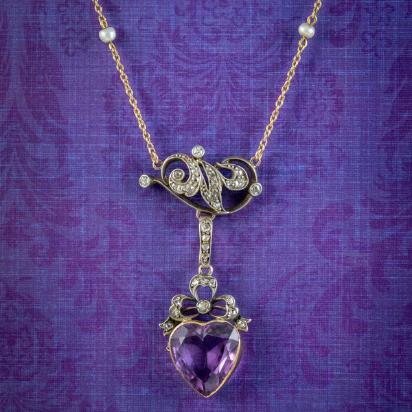 Antique Victorian Diamond Pearl Amethyst Heart Pendant Necklace Circa 1900