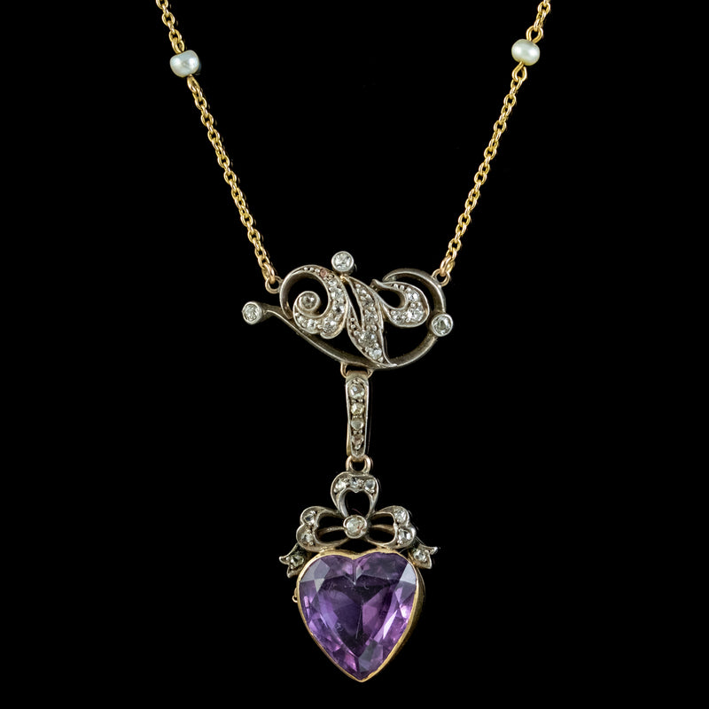 Antique Victorian Diamond Pearl Amethyst Heart Pendant Necklace Circa 1900