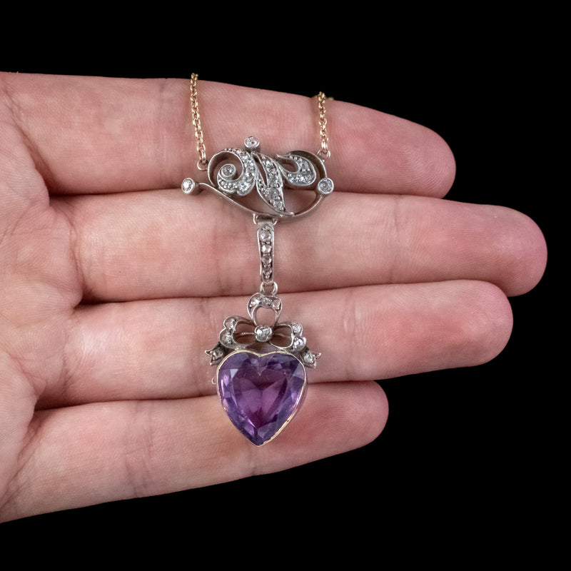 Antique Victorian Diamond Pearl Amethyst Heart Pendant Necklace Circa 1900