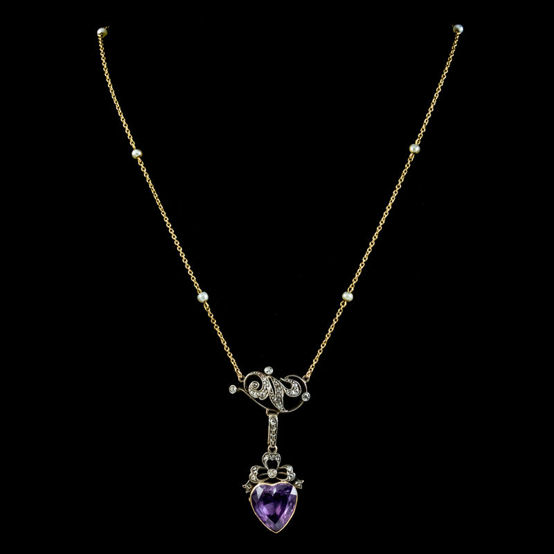 Antique Victorian Diamond Pearl Amethyst Heart Pendant Necklace Circa 1900