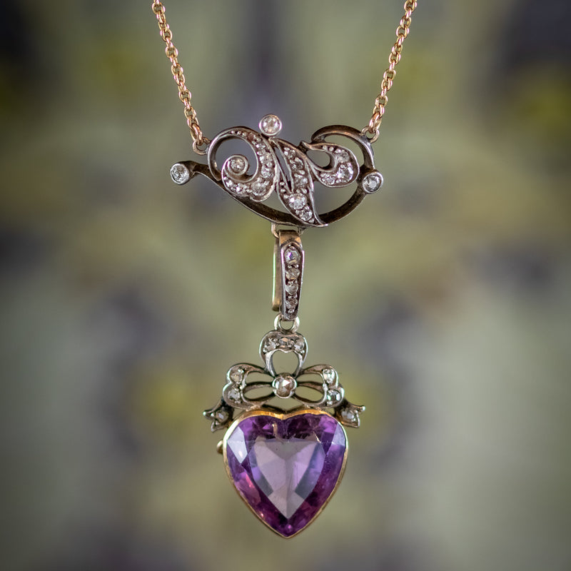 Antique Victorian Diamond Pearl Amethyst Heart Pendant Necklace Circa 1900