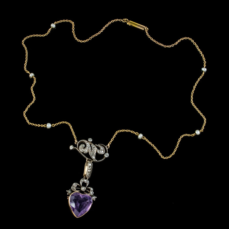 Antique Victorian Diamond Pearl Amethyst Heart Pendant Necklace Circa 1900