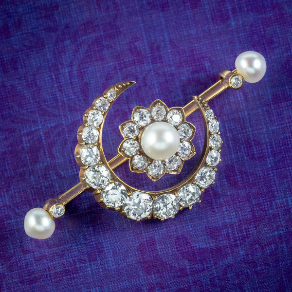 Antique Victorian Diamond Pearl Crescent Flower Brooch 3.2ct Of Diamond