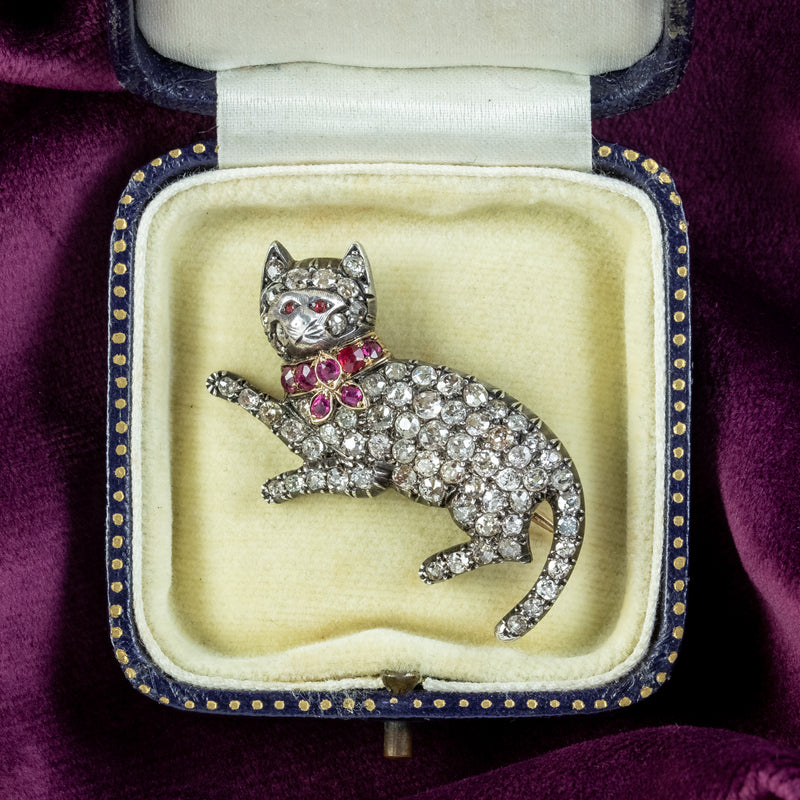 Antique Victorian Diamond Ruby Cat Brooch 5.5ct Of Diamond 
