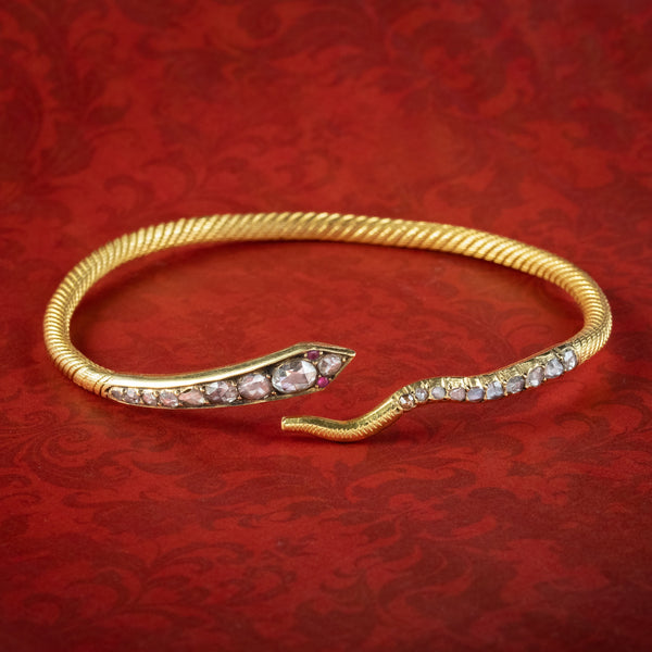 Antique Victorian Diamond Snake Bangle Ruby Eyes 2.1ct Diamond