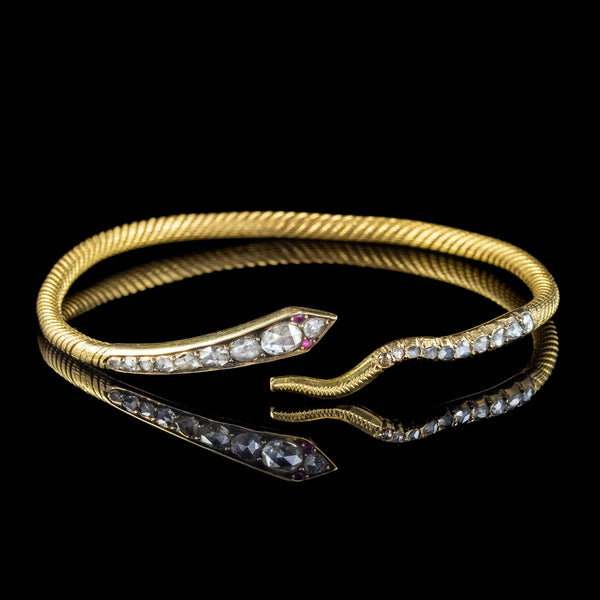 Antique Victorian Diamond Snake Bangle Ruby Eyes 2.1ct Diamond