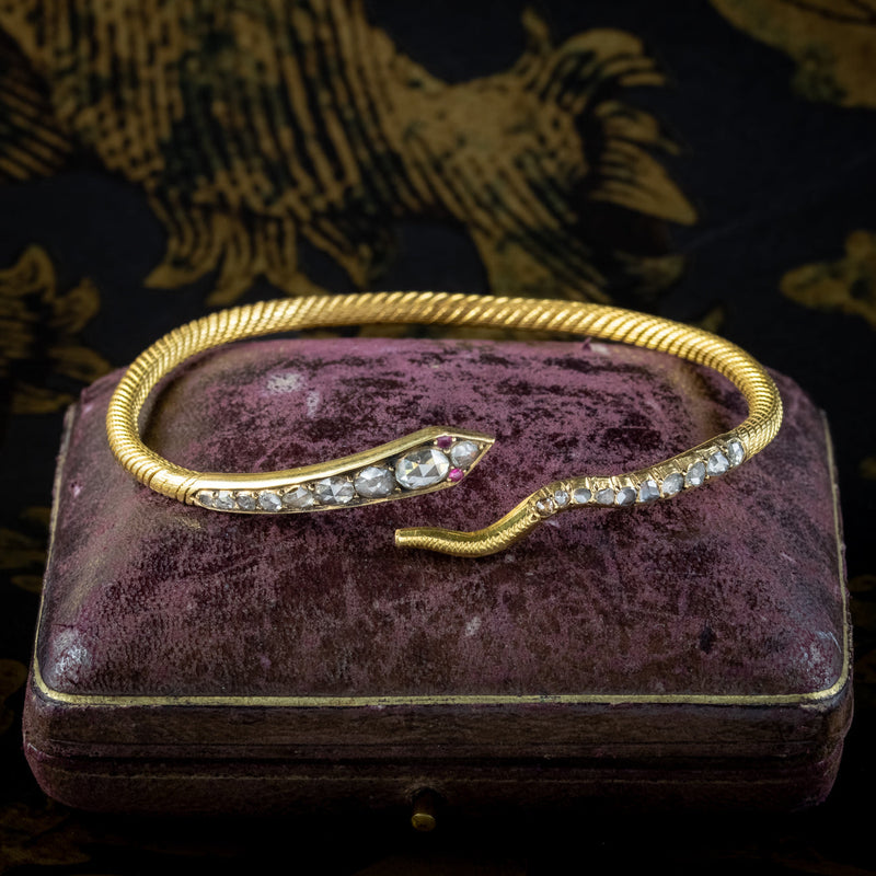 Antique Victorian Diamond Snake Bangle Ruby Eyes 2.1ct Diamond