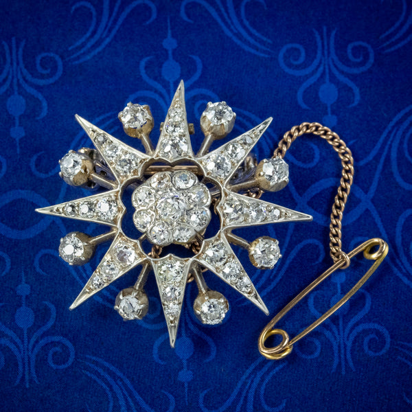 Antique Victorian Diamond Star Brooch 18ct Gold Silver 2ct Of Diamond 