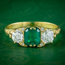 Antique Victorian Emerald Diamond Trilogy Ring 0.95ct Emerald 