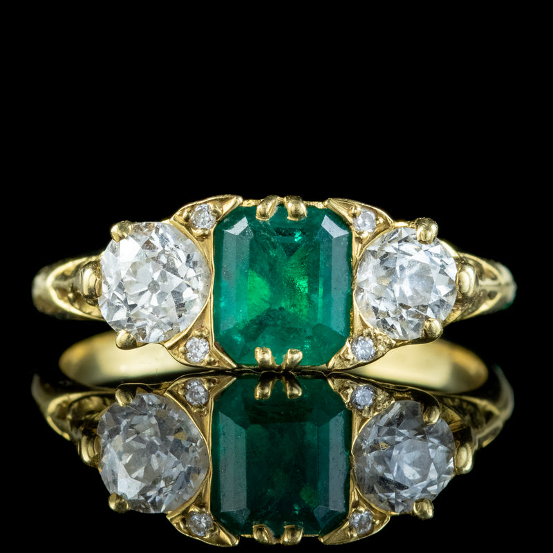 Antique Victorian Emerald Diamond Trilogy Ring 0.95ct Emerald 