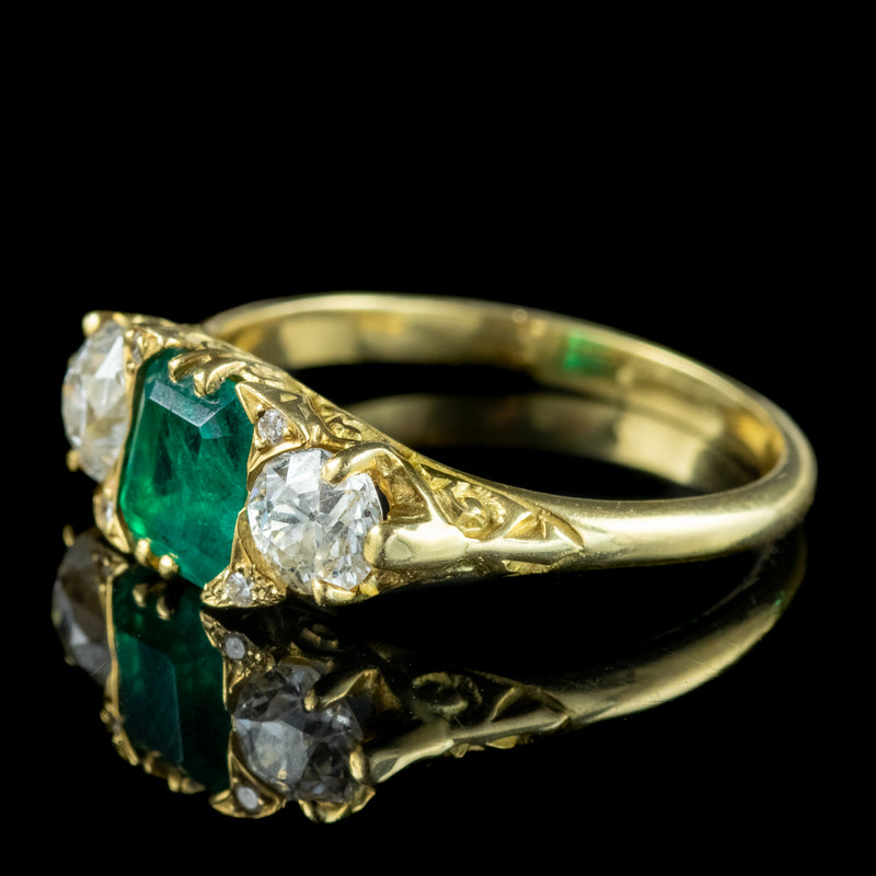 Antique Victorian Emerald Diamond Trilogy Ring 0.95ct Emerald 