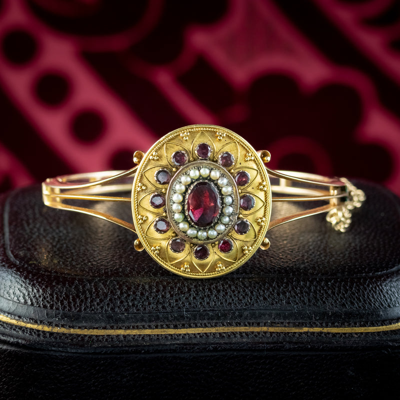 Antique Victorian Etruscan Garnet Pearl Bangle 18ct Gold 