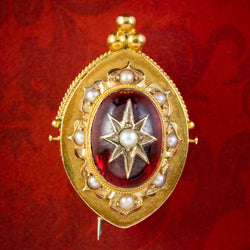 Antique Victorian Etruscan Revival Garnet Pearl Star Brooch 18ct Gold