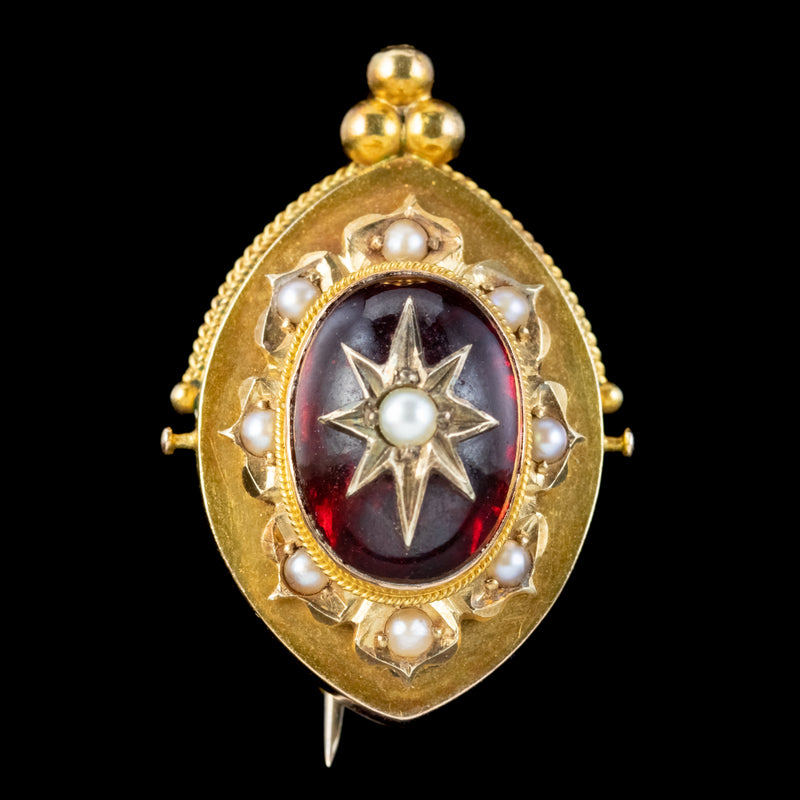 Antique Victorian Etruscan Revival Garnet Pearl Star Brooch 18ct Gold