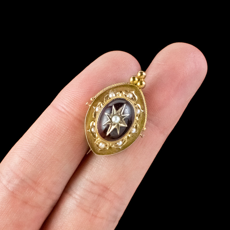Antique Victorian Etruscan Revival Garnet Pearl Star Brooch 18ct Gold