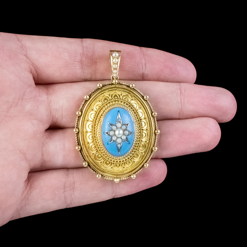 Antique Victorian Etruscan Revival Pearl Locket 18ct Gold 