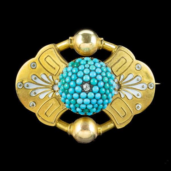 Antique Victorian Etruscan Turquoise Diamond Mourning Brooch 18ct Gold