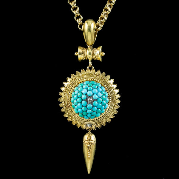 Antique Victorian Etruscan Turquoise Locket Pendant Necklace 18ct Gold