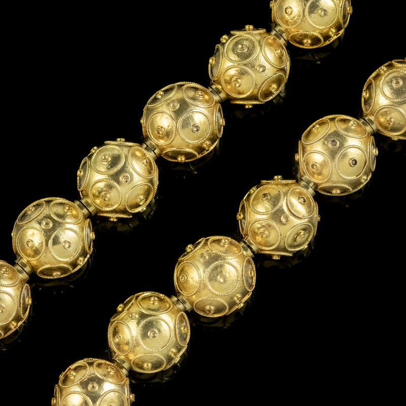Antique Victorian Etustcan Revival Bead Necklace 15ct Gold Circa 1880