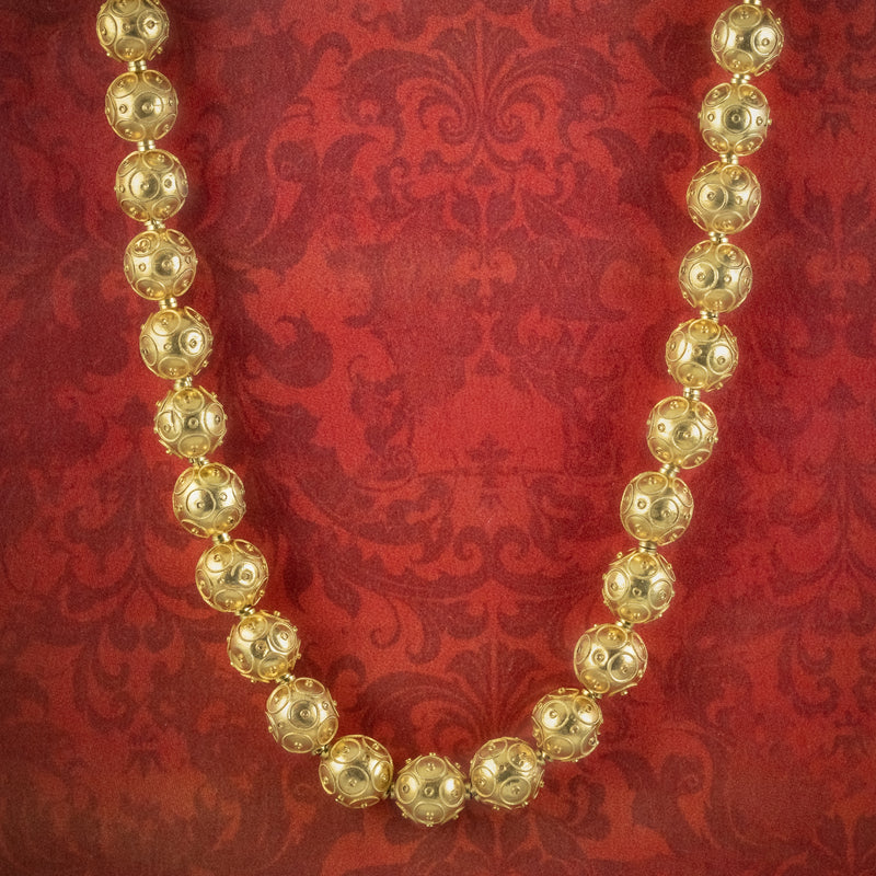Antique Victorian Etustcan Revival Bead Necklace 15ct Gold Circa 1880