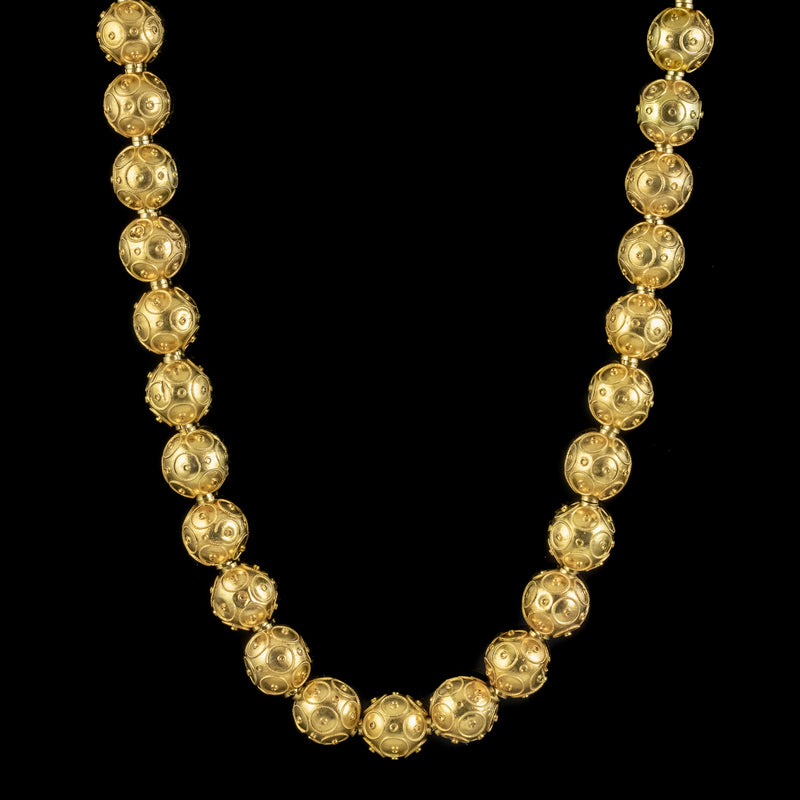 Antique Victorian Etustcan Revival Bead Necklace 15ct Gold Circa 1880