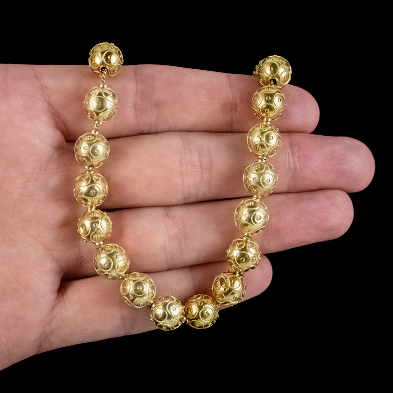 Antique Victorian Etustcan Revival Bead Necklace 15ct Gold Circa 1880