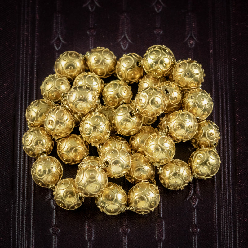 Antique Victorian Etustcan Revival Bead Necklace 15ct Gold Circa 1880