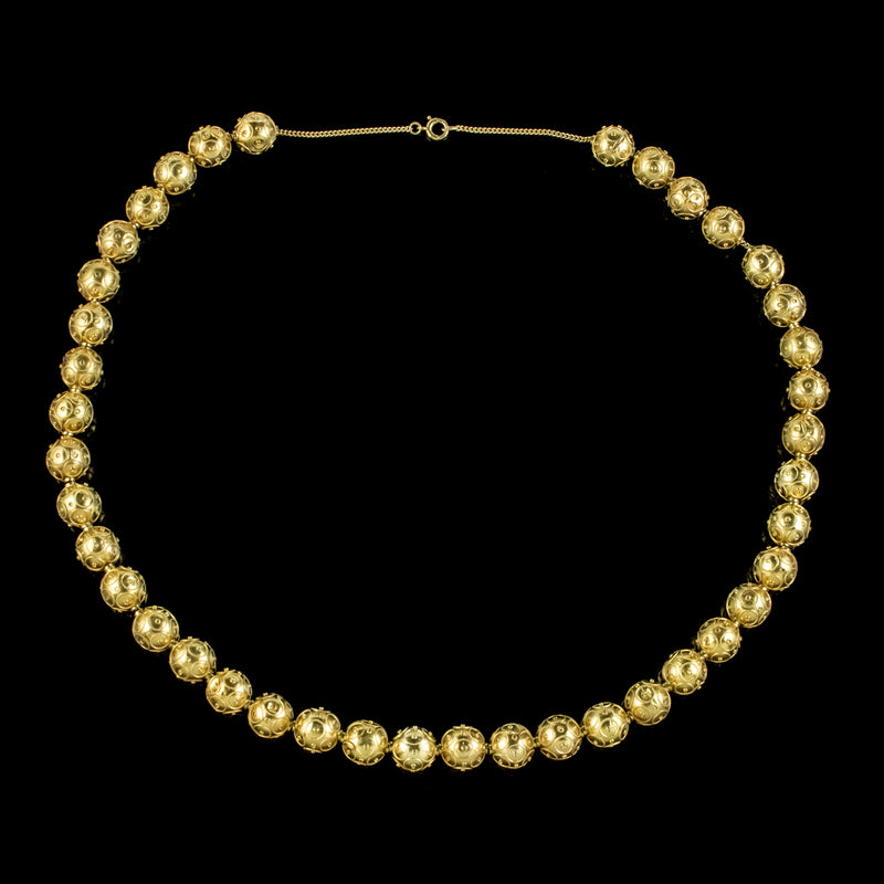 Antique Victorian Etustcan Revival Bead Necklace 15ct Gold Circa 1880