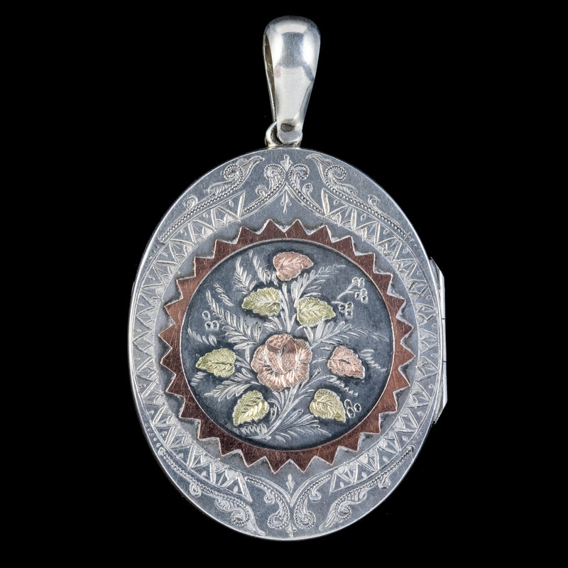 ANTIQUE VICTORIAN FLORAL LOCKET GOLD STERLING SILVER ROBINSON AND MCKEWAN DATED 1881 