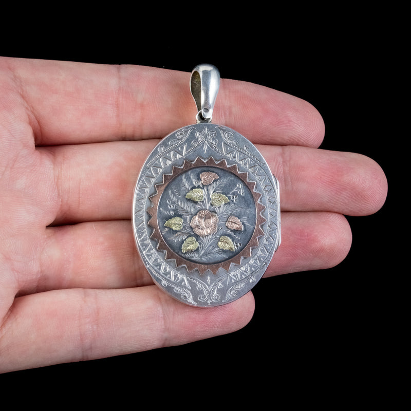  ANTIQUE VICTORIAN FLORAL LOCKET GOLD STERLING SILVER ROBINSON AND MCKEWAN DATED 1881 