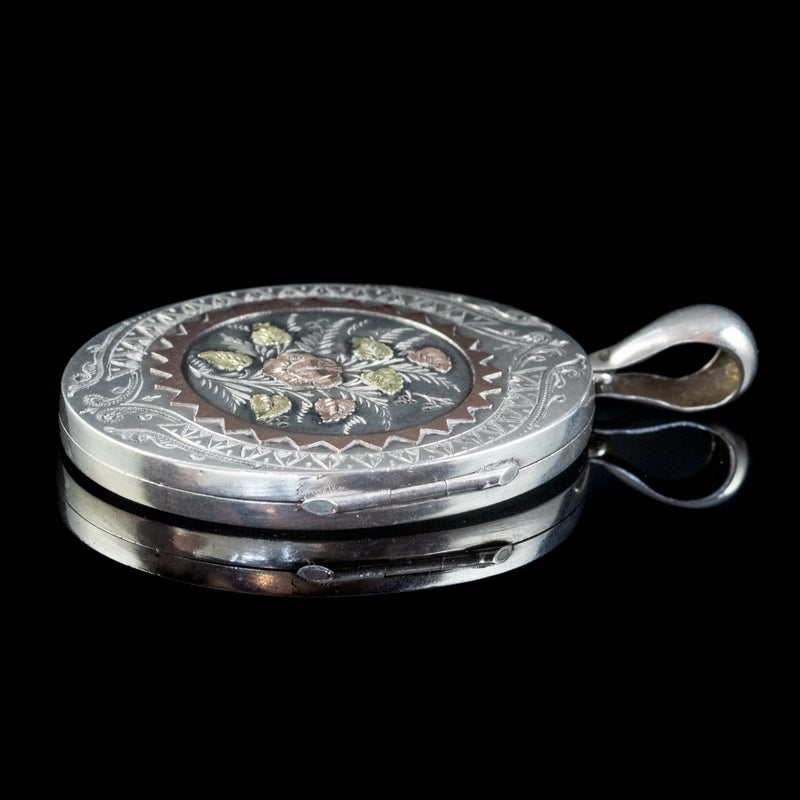  ANTIQUE VICTORIAN FLORAL LOCKET GOLD STERLING SILVER ROBINSON AND MCKEWAN DATED 1881 