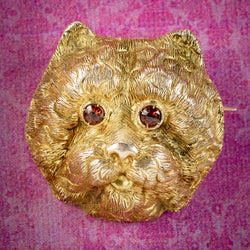 Antique Victorian French Cat Brooch Garnet Eyes 18ct Gold Circa 1880